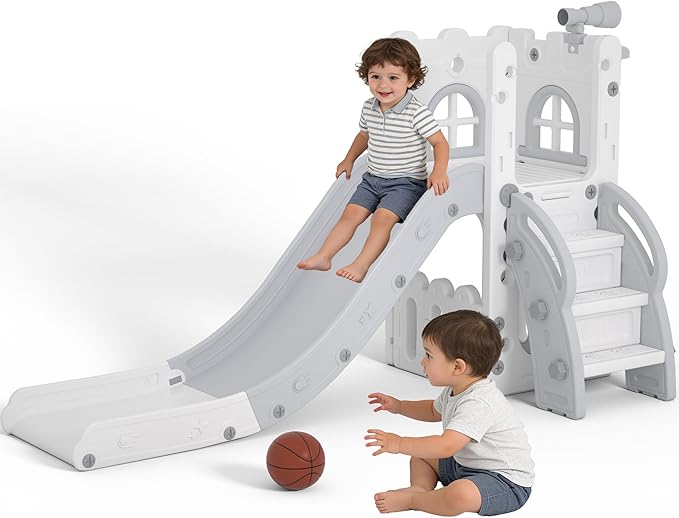6 in 1 Toddler Slide Playset, Kids Indoor Outdoor Playground with Basketball Hoop,Storage and Telescope,Toddler Climber Slide Activity Center