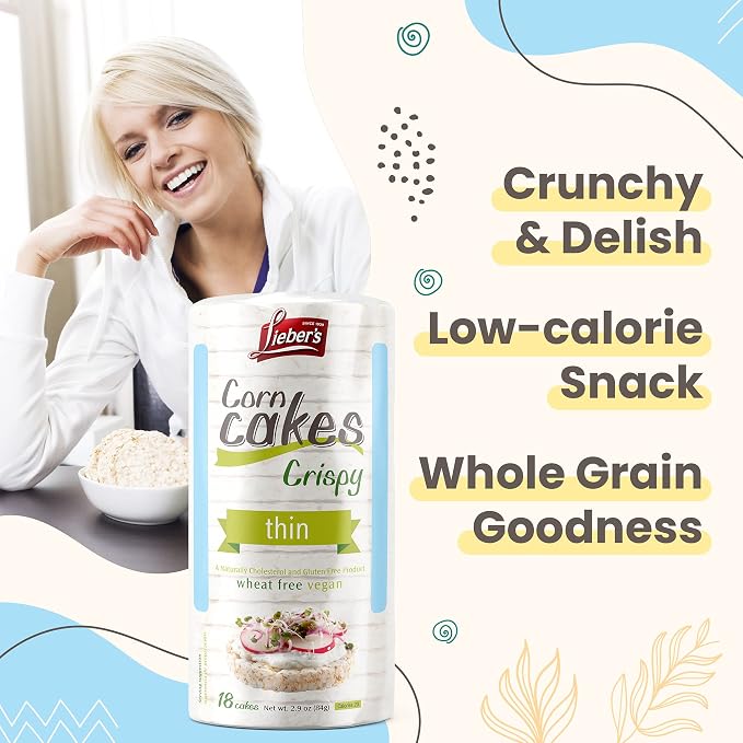 Lieber's Corn Rice Cakes, Gluten-Free Vegan Snack, 2.9 Oz, Pack of 3 | Kosher Certified, Dairy-free and Wheat-free, Made with Whole-grain Brown Rice and 60 Calories or Less per Cake.