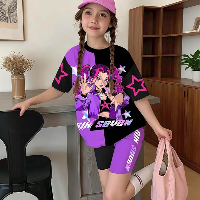 K-POP DEM0N Hunters Outfits for Girls, 2 Piece T-Shirts and Apparel Sets Birthday Gift