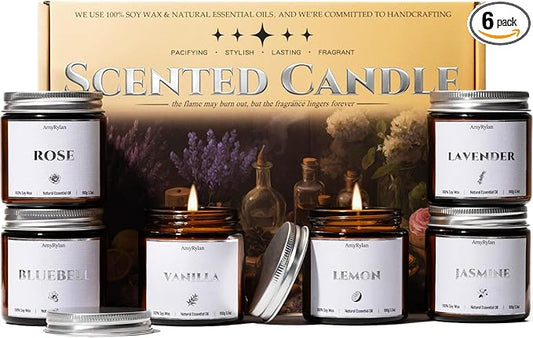 6 Pack Non-Toxic Soy Wax Scented Candles Gift Set, 21oz 120H Long Burn Time, Amber Jar Candles, Gift for Women Unique, Christmas Birthday Self Care Relaxation Spa Aromatherapy Gifts