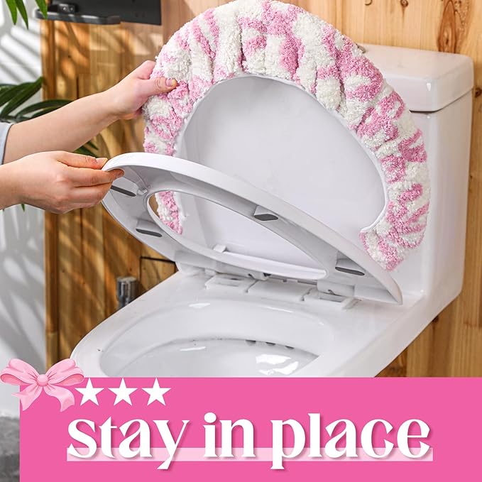 Rose Pink Bow Toilet Lid Cover Washable Coquette Cute Plush Toilet Cover for Bathroom Decor Soft Microfiber 17.5 x 15 Inch Non Slip Rubber Backing Fits Most Round, Elongated