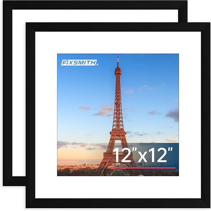 FIXSMITH 12x12 Picture Frame Set of 2, Photo Frame with HD Plexiglass, Display Pictures 8x8 with Mat or 12x12 Without Mat, Black Picture Frames Collage Wall Decor, Gallary Wall Frame