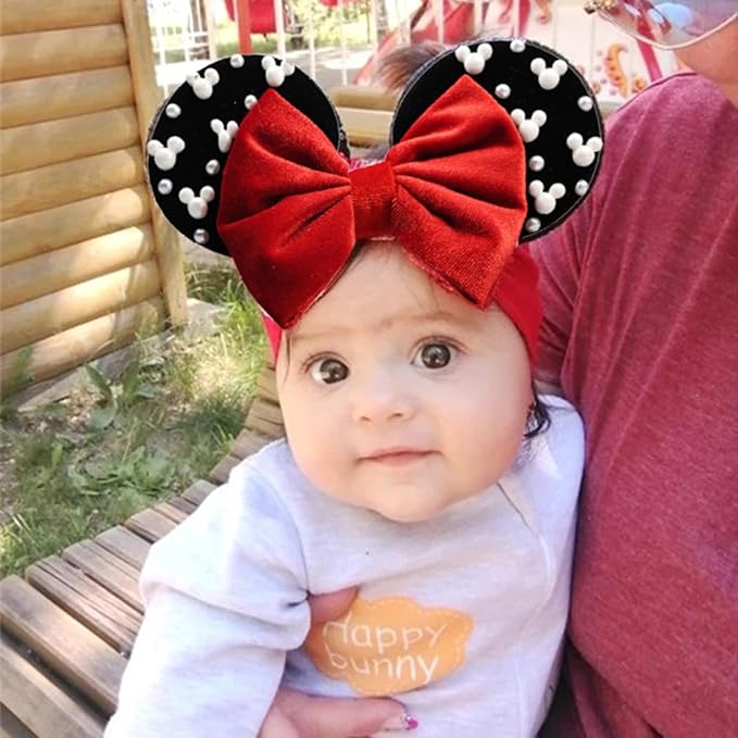 JIAHANG Baby Girl Velvet Mouse Ears Turban Headwrap with Beads, Wide Velour Hair Bow Headband for Toddler, Infants, Kids, Party Supplie