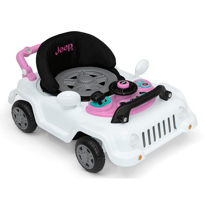 Jeep Classic Wrangler 3-in-1 Grow with Me Activity Walker - Features Music, Lights, Removable Play Tray, Push Walker Mode, Converts into Rolling Car Toy, White/Pink