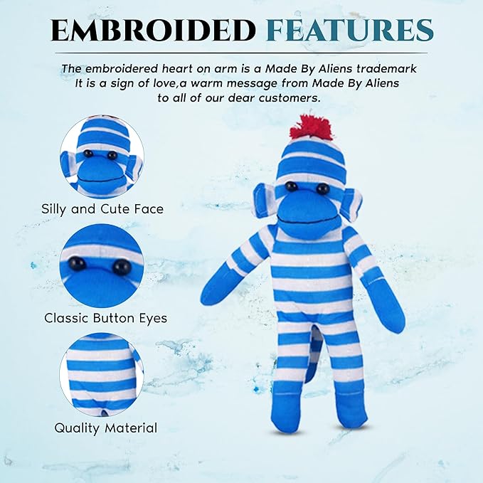 Plushland Adorable Sock Monkey, The Original Traditional Hand Knitted Stuffed Animal Toy Gift-for Kids, Babies, Teens, Girls and Boys Baby Doll Present Puppet (16'' Blue)
