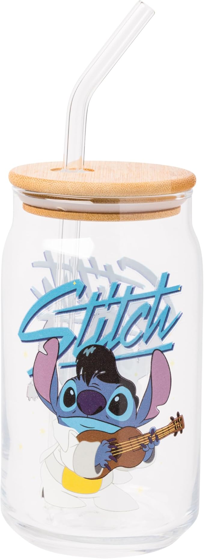 Silver Buffalo Disney Lilo and Stitch Glass Tumbler with Bamboo Lid and Glass Straw Featuring Stitch in an Elvis Costume, 16 Ounces