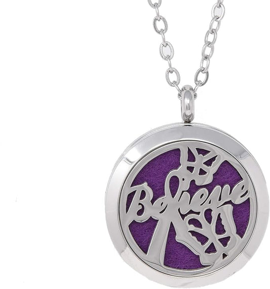 Aromatherapy Essential Oil Diffuser Stainless Steel 30MM Silver Magnetic Locket Pendant 2 Sizes Chain Necklace, Refill Pads & Diffuser Bracelet in a Velvet Bag (Believe)
