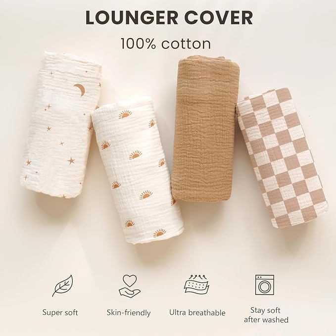 Konssy Muslin Baby Lounger Cover 2 Pack, 100% Cotton Newborn Lounger Cover, Soft and Breathable Lounger Slipcover for Boys Girls, Covers Only (Coffee Check,Moon)