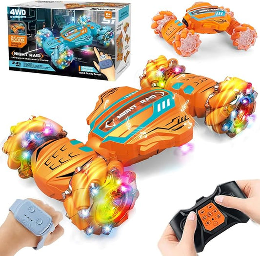 Gesture Sensing RC Stunt Car-Best Gifts for Boys 6-12 Years Old,2.4GHz 4WD Remote Control Twist Car with 360° Rotation, Music & Cool Lights,Off-Road Vehicle with Dual Batteries (Orange)