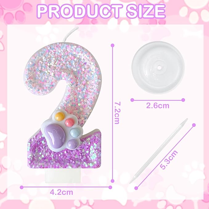 Pink Cat and Dog Paw Birthday Number Candles, Cupcake Decorations, Dog Theme Candles, Suitable for Party Celebrations, Birthday Decoration Supplies (Number 2)