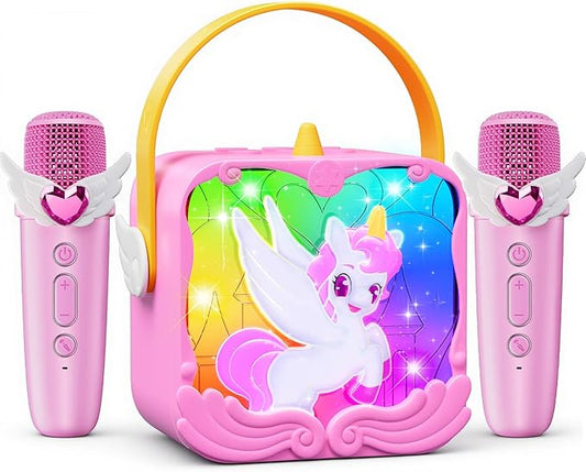 Unicorn Karaoke Machine with Wings & Castle Lights,2 Gem Microphones & 5 Magic Voice,Mini Bluetooth Speaker,Princess Toys & Unicorn Toys for Girls Age 3 4 5 6 7 8 9 10 Valentine's Day Birthday Gifts