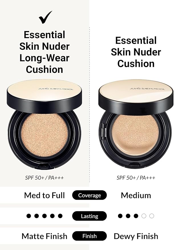 JUNG SAEM MOOL Essential Skin Nuder Longwear Cushion 0.98 Fl Oz, Refill Included, 24H Lasting Cushion Foundation with High Coverage, Semi-Matte Natural Finish, Korean Foundation Makeup (Light)
