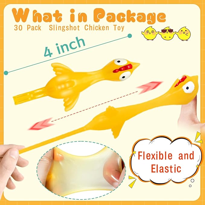 Dshengoo 30 Pack Finger Slingshot Chicken Rubber,Flick Stretchable Flying Sling Shot Chick Fingers for School Reward Halloween Birthday Party Favors White Elephant Gift Exchange