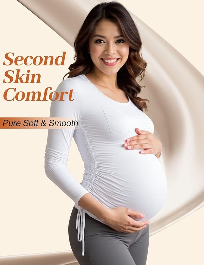 Fotociti Maternity Shirts Long Sleeve, Pregnancy Side Ruched Tops,Women’s Clothes for Mama Work Casual Yoga Wearing