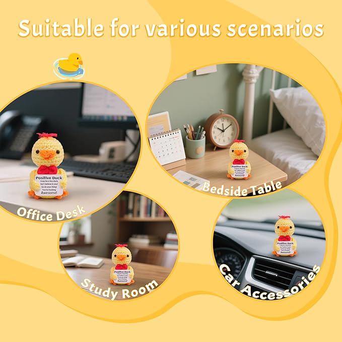Mini Funny Positive Duck, Knitted Wool Duck Toy with Positive Card - Creative Cute Crochet Doll Emotional Support Cheer Up Keepsake Gift for Friends, Student, Christmas