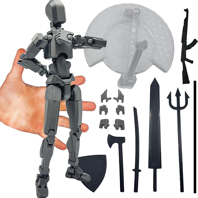 3D Printed Enlarge Body Size 8.1-inch Action Figure Dummy20, Full Body Mechanical Movable Toy, Multiple Accessories, Desk Decoration (Bracket, 3 HandsType, Weapons, Armour) (Silver)