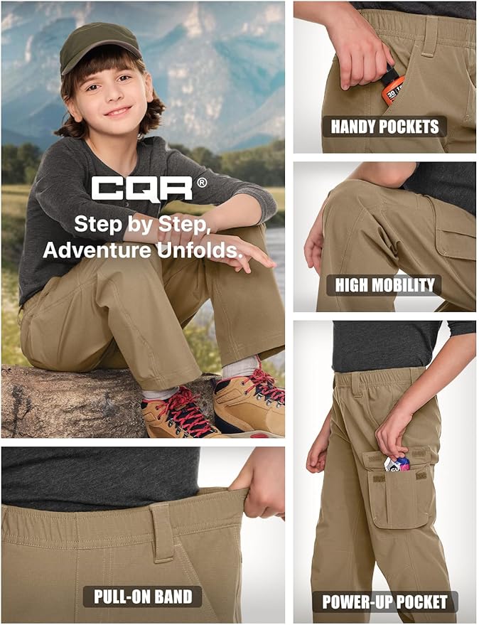 CQR Kids Boy’s Hiking Cargo Pants, Water Resistant UPF 50+ Quick Dry Youth Casual Outdoor Climbing Camping Trousers