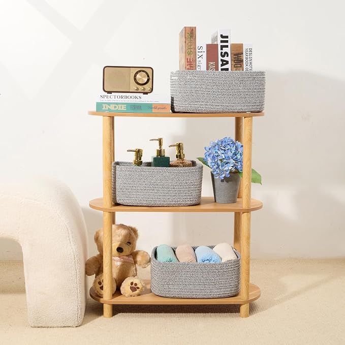 MiniArk Small Storage Baskets for Organizing | Closet Organizer Bins | Shelf Toy Basket | Woven Rope Baskets | Cube Decorative Box | Shallow Basket | 13x8.5x5.1” | 3 Packs Mixed Grey