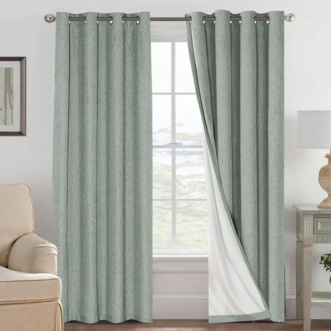 H.VERSAILTEX Linen Curtains 100% Blackout Curtains for Bedroom 90 inch Long Full Light Blocking Nature Linen Blended Window Curtains for Living Room Nickel Grommet (2 Panels, Green Bay)