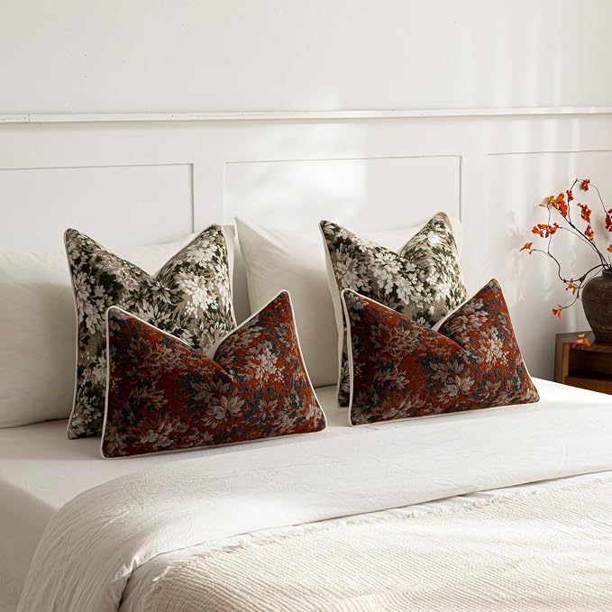 Pack of 2 Vintage Floral Pillow Covers 12x20 Boho Farmhouse Accents Chenille Rectangular Lumbar Decorative Throw Pillow Cases for Living Room Couch Bed Home Decor, Rust