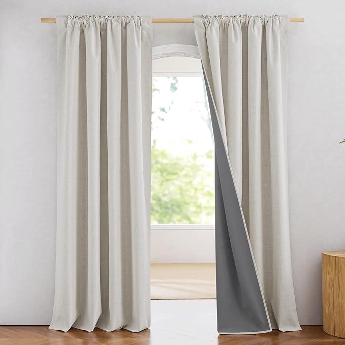 NICETOWN Linen Full Blackout Curtains 52 x 80 inch Panels, Full Bedroom Light Blocking, Thick Linen Blend Rod Pocket & Back Tab Draperies with Liners for Home Theater(Set of 2, Alabaster Gray)