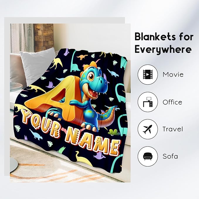 Custom Kids Blankets with Name - Dinosaur Blanket for Boys Girls - Personalized Initial Throw for Dinosaur Lovers - 40"x50" Cute Toddler Throws for Couch, Sofa - Monogram Gifts
