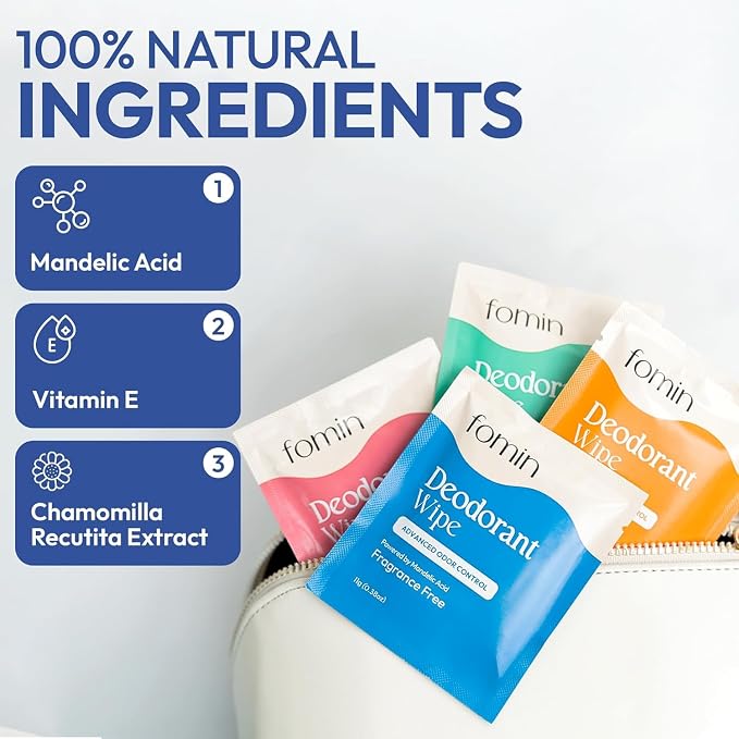 FOMIN Acidified Travel Deodorant Wipes For Women & Men - 5 Count - pH Balanced, Mini Deodorant Travel Size Wipe - Plastic-Free, Individually Wrapped Underarm Body Wipes