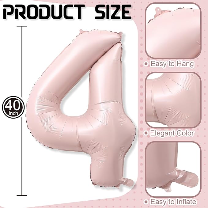 Foil 4 Balloon, Dusty Light Pink Big Number 4 Balloons for Girls Birthday Party Decor, 40'' Self Inflating Number Four Pastel Blush Baby Pink Balloon for Kids 4th Birthday Party Anniversary Decoration
