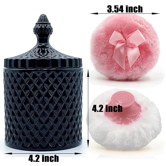 Luxury 4.2 Inch Glass Powder Container with 2 Plush Puffs｜Gothic Vanity Decor Non-Sealed Refillable Organizer for Body Powder&Makeup｜Setting Powder Applicator(Pointed Cylinder-Black-Large)