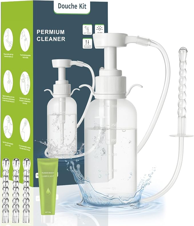 Enema Kit Douches for Men - 330ml Anti Back-Flow Design with Handle & 3 Nozzle Tips, Portable Rinse Bottle for Women