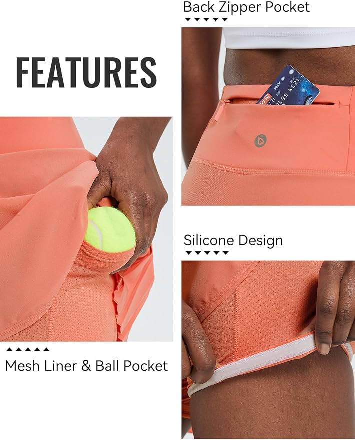 baleaf Tennis Skirt Pleated Golf Skorts with 3 Pockets | 14", Built in Shorts, High Waisted, Anti-slip Strip, Lightweight, for Athletic, Workout, Pickleball, Skorts for Women