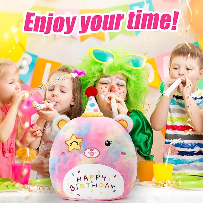 Athoinsu 14" Happy Birthday Bear Plush Pillow Cute Rainbow Stuffed Animal Soft Kawaii Birthday Plushie Star Wink Funny Pillows Home Room Decoration Gifts for Toddlers Kids Girls
