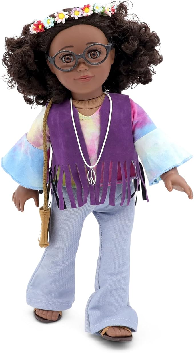 Playtime by Eimmie 18 Inch Doll Clothes and Accessories - Retro Flower Outfit with Tie-Dye Shirt, Fringe Vest, Jeans, Sandals & Flower Crowns - Fits American, Generation & Similar 18” Dolls for Girls