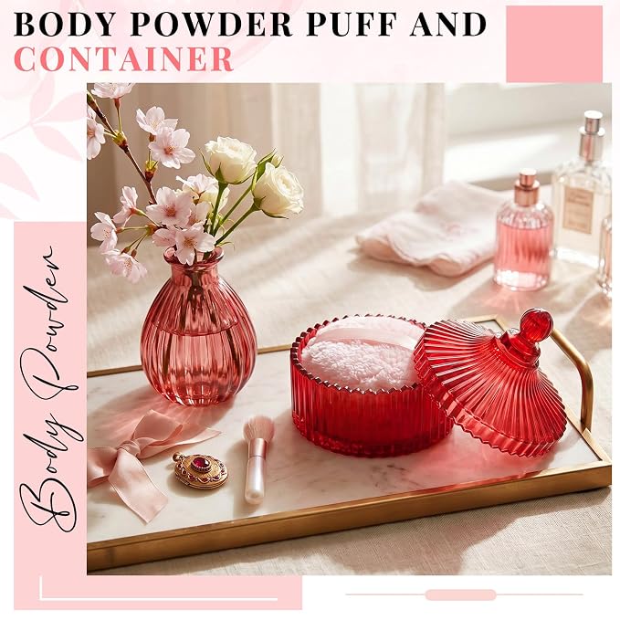 Tioncy 2 Pcs Extra Large Dusting Powder Puff and Container for Women-6'' Glass Crystal Dusting Powder Container with Body Soft Washable Reusable Velour Face(Red,Classic)