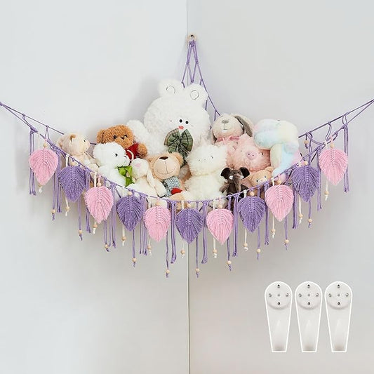 Pretty Jolly Macrame Stuffed Animal Hammock with Beads Hand Woven Leaf Tassels Corner Hanging Net Boho Plush Holder for Toys Kid Room Nursery Decor Easy Install Organizer for Girls Gift(Purple)