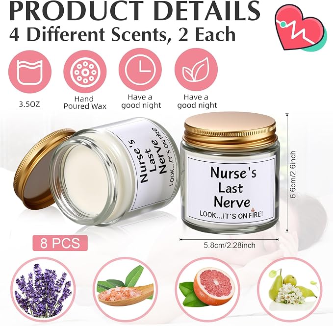 MTLEE 8 Pcs Nurses Gifts Bulk for Women, Nurse's Last Nerve Scented Candles 3.5 oz Candle CNA Gifts for Christmas Women Female Graduation Birthday Present