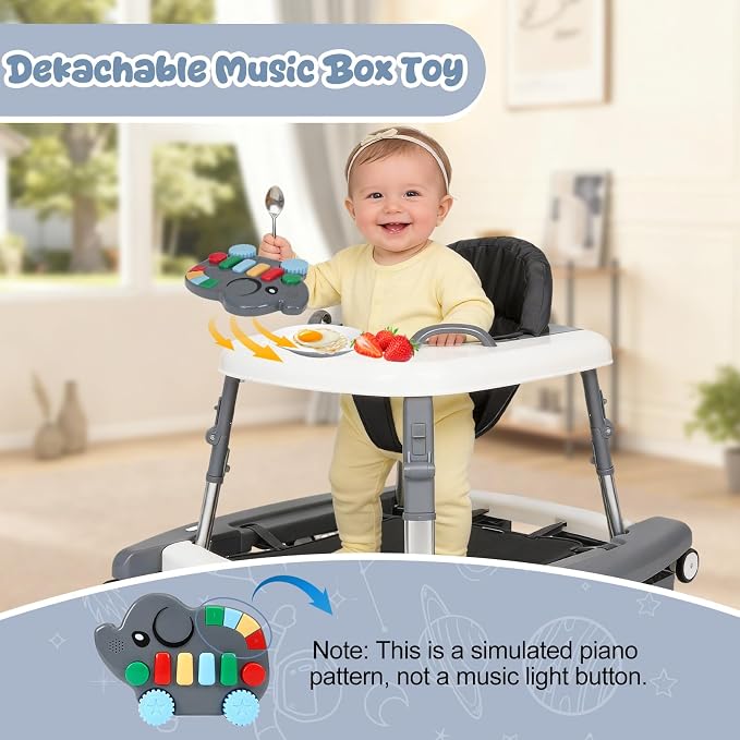 5-in-1 Baby Walker for Boys and Girls Music and Lights 6-18 Month, Foldable Baby Walkers with 5 Adjustable Heights, Infant Toddler Walker with Wheels and Combo Portable（Dark Gray）