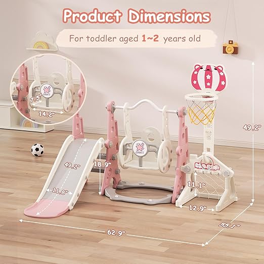 BIERUM Toddler Swing and Slide Set - 6 in 1 Baby Slide for Toddlers Age 1-2, with Basketball Hoop, Soccer and Golf Game, Indoor Outdoor Toddler Playset Pink