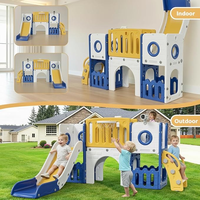 Arlopu 9 in 1 Toddler Slide Set, Kids Large Climber Slide Playset w/Long Slope, Telescope, Storage Space, Enclosed Steps, Indoor Outdoor Playground (Yellow & Blue)