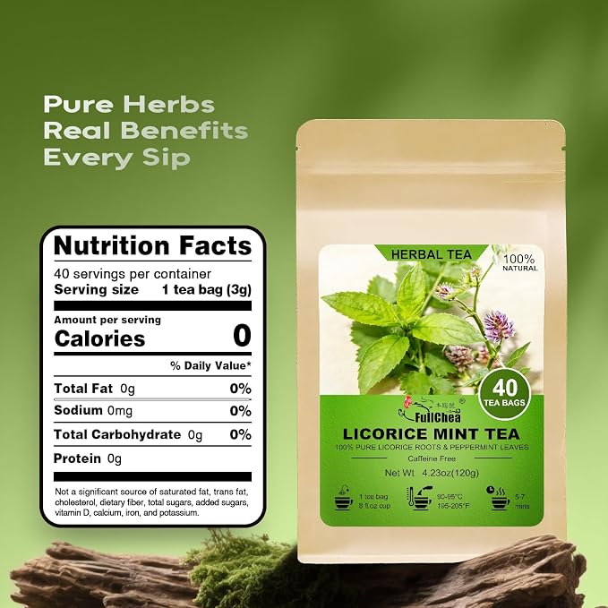 FullChea - Licorice Mint Tea Bags, 40 Count, Herbal Tea Blend | Premium licorice root blend with peppermint leaves, rich in natural goodness with a refreshing minty and subtly sweet taste