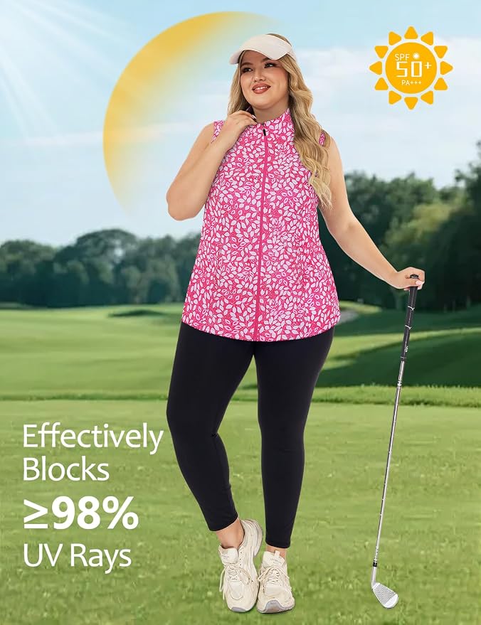 Misyula Style Plus Size Womens Golf Shirt Full-Zip with Pockets Tank Tops | Sleeveless, Quick Dry, Moisture-wicking, Lightweight Vests, Athletic, Tennis, Running, Workout, Casual, Travel, Work