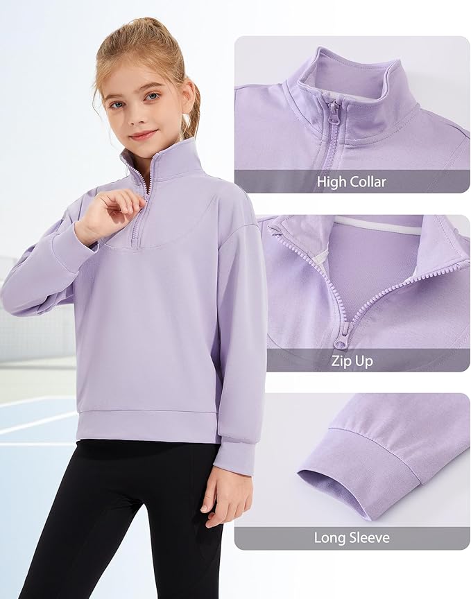 Girls Quarter Zip Sweatshirt Long Sleeve Pullover Tops Kids Casual Spring Outfits for Teen Girls, 5-14 Years