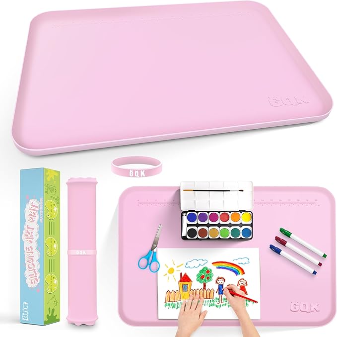 Silicone Art Mat for Crafts, 24" x 16" Painting Mat for Kids with Raised Sides to Stay Tidy, Paint Craft Mats for Clay, Resin, Slime, Jewelry-Making & Crafts Creation (Pink)