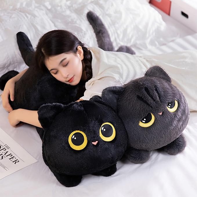 PEACH CAT 19.7" Long Cat Plush Pillow Cute Kitten Stuffed Animals Plushies Toy Gifts for Kids Black