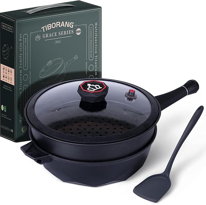 TIBORANG 11 Inch Nonstick Frying Pan with Lid,8-in-1 Multipurpose Cookware | 5 Qt Deep Sauté Pan Skillet with Steamer, PFOA-Free, Dishwasher & Oven Safe, Induction Compatible, Stay-Cool Handle, Black