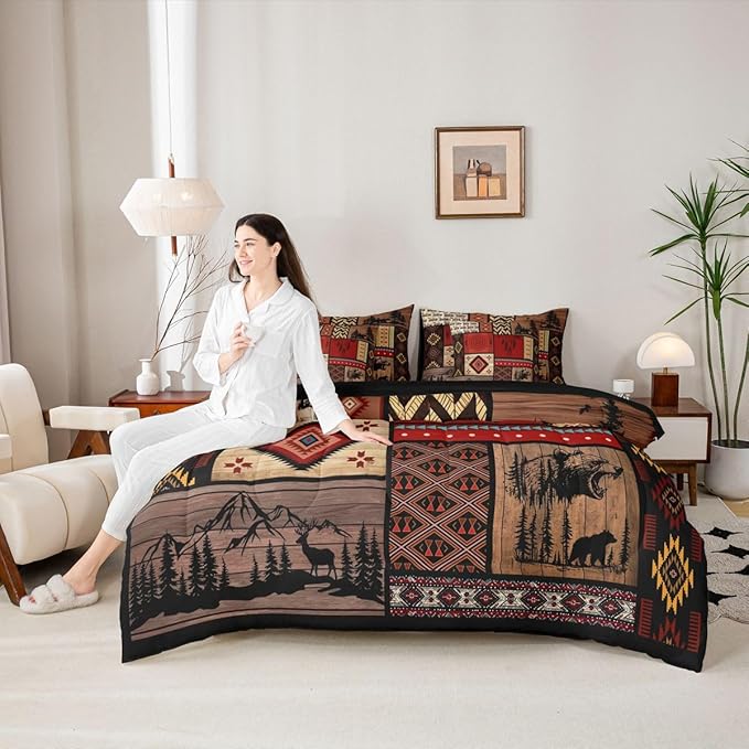 Feelyou Rustic Cabin Bear Comforter Set with Sheets 7 Piece King Size Farmhouse Hunting Deer Bed in a Bag Kids Boys Girls Retro Bohemian Bedding Set Buffalo Plaid Bedroom Decor Soft Microfiber