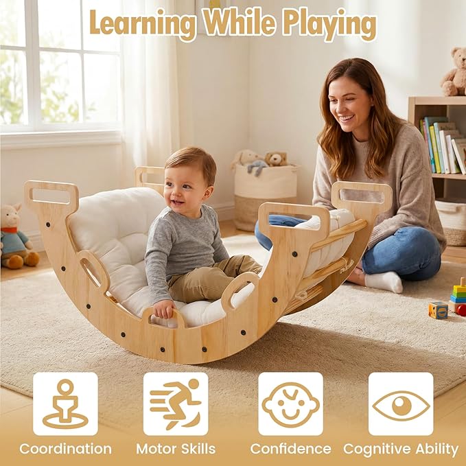 Costzon Wooden Rocking Climbing Arch w/Cushion, 3-in-1 Montessori Kids Climber Rocker for Toddlers, Playground Climbing Ladder Toy, Indoor Gym Learning Playset for Boys Girls Ages 1+ (Wood Color)