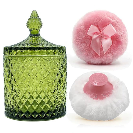 Luxury 4.2 Inch Glass Powder Container with 2 Plush Puffs｜Body Powder Puff with Jar (Pointed Cylinder-Olive Green-Large)