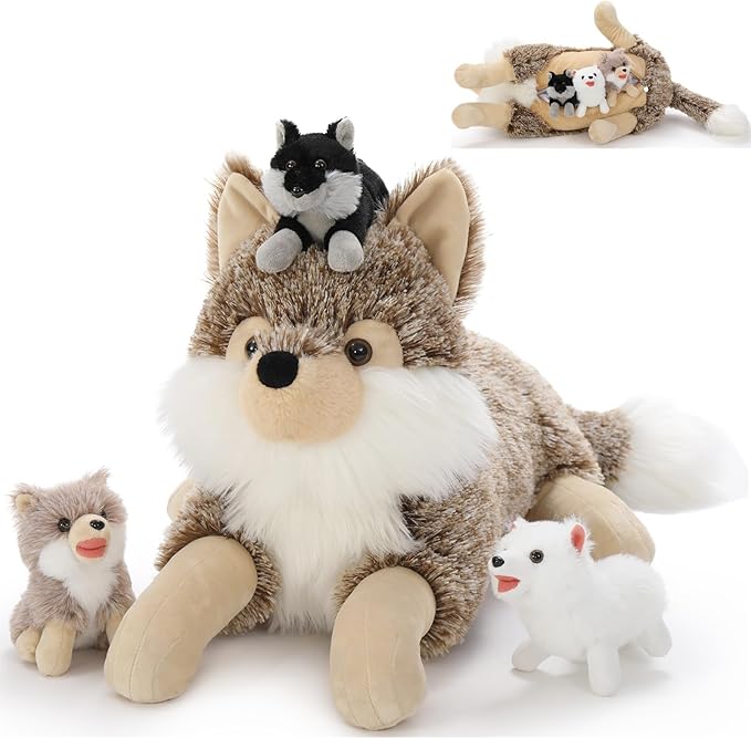 Tezituor 4Pcs Realistic Wolf Stuffed Animals Set, 20 Inch Large Mommy Stuffed Wolf Plush with 3 Baby Wolves Toy, Soft Gray Wolf Plush Pillow Gift for Boys Girls