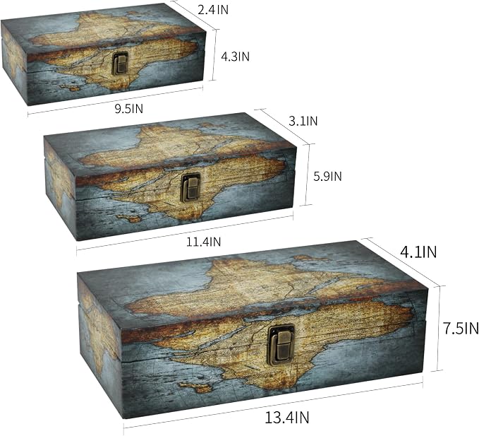 Jolitac Wood Storage Box Set of 3, Vintage Decorative Nesting Boxes Wooden Treasure Storage Crates With Latch, Home Decor Rustic Antique Boxes With Lid for Photos, Jewelry, Cash (Rectangle- Map)